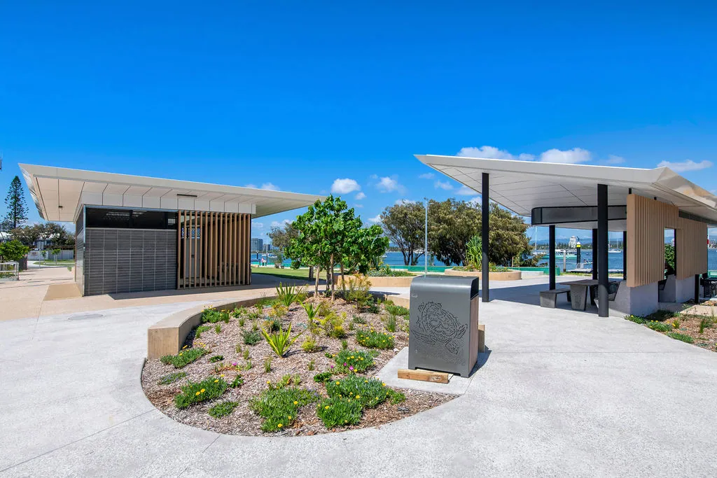 Honed concrete public plaza at Muriel Henchman Drive, Main Beach