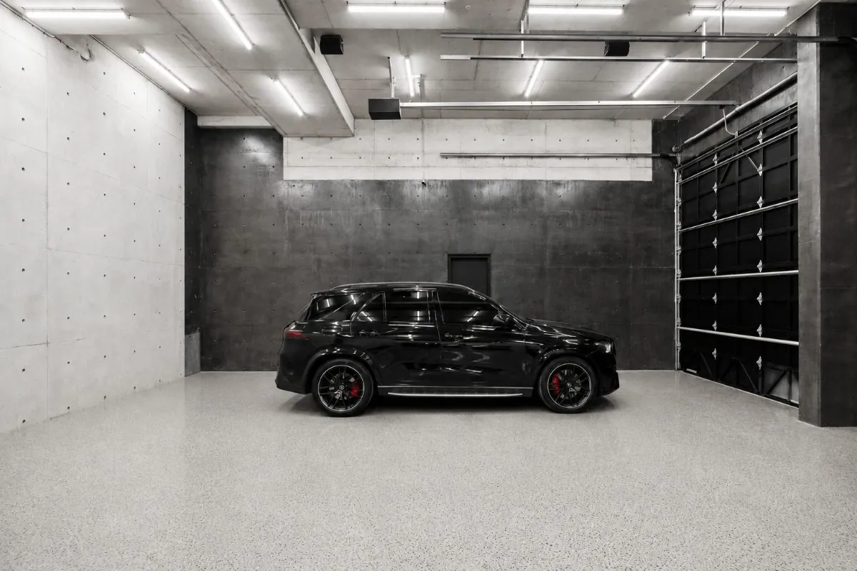 Decorative epoxy flake garage flooring at a Brisbane residence
