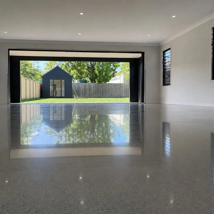 Polished concrete garage floor with high-gloss finish, Brisbane