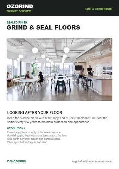 Grind & Seal Floors care instructions guide front page