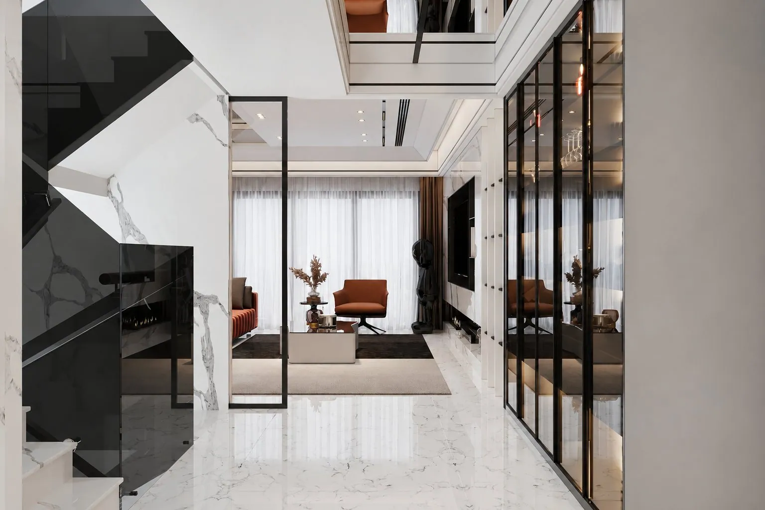 Polished marble floor in a luxury Brisbane home with feature staircase
