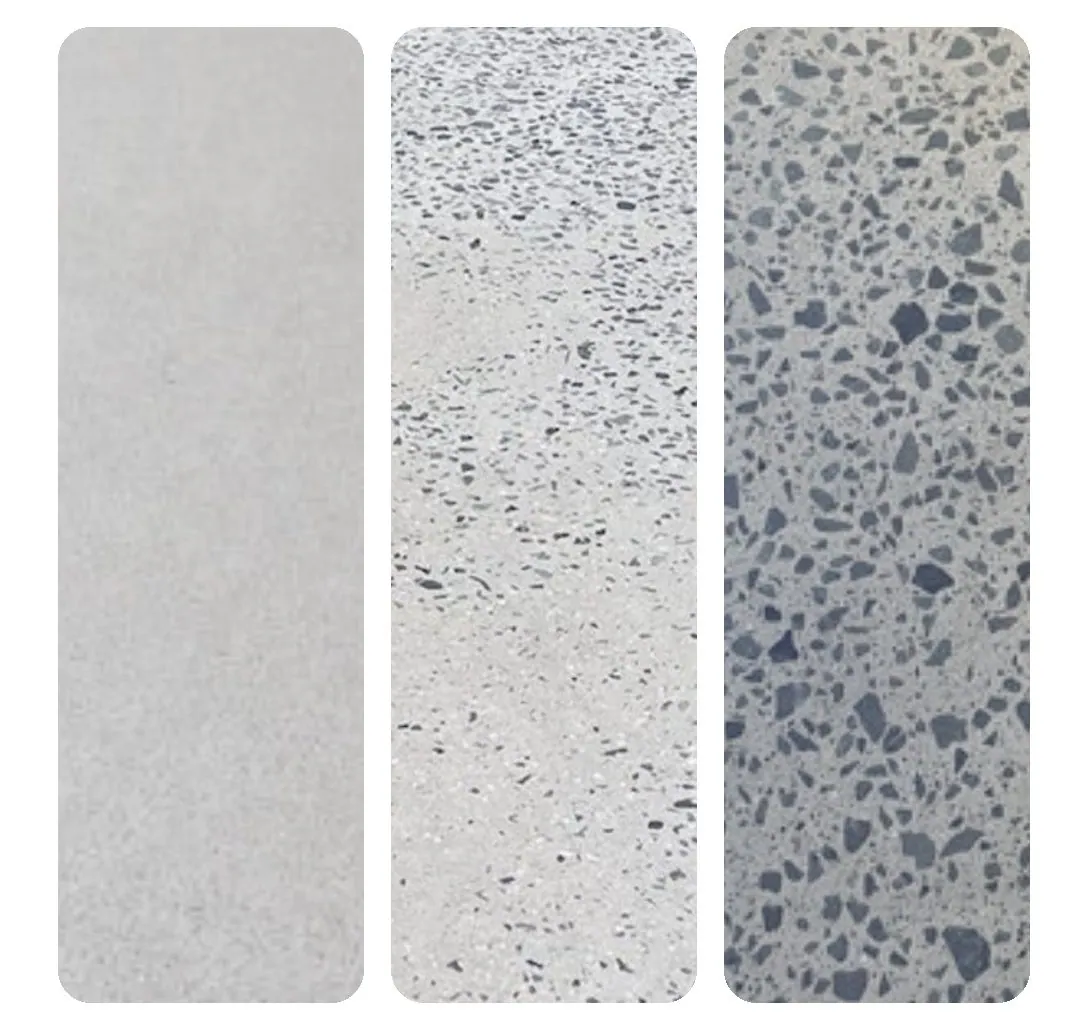 Honed concrete stone exposure samples, nil, minimum and full exposure