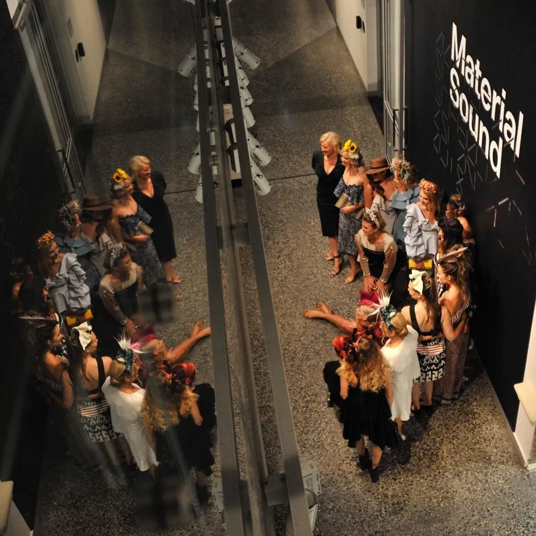 Event guests gathered on the polished concrete floor at Murray Art Museum Albury
