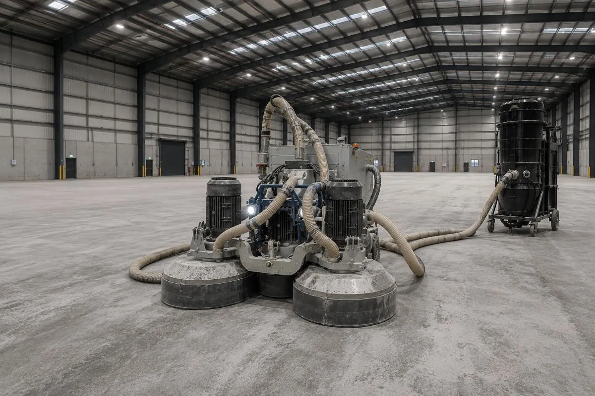Husqvarna concrete grinder with dustless vacuum in a warehouse