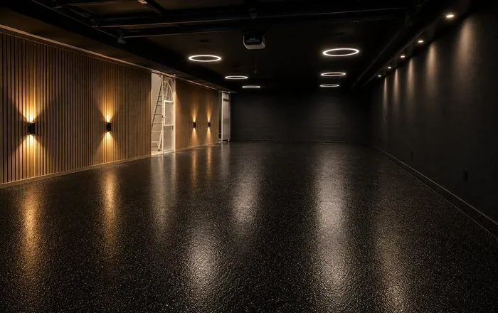 Black epoxy flake floor Brisbane Black epoxy flake basement and garage floor in Brisbane