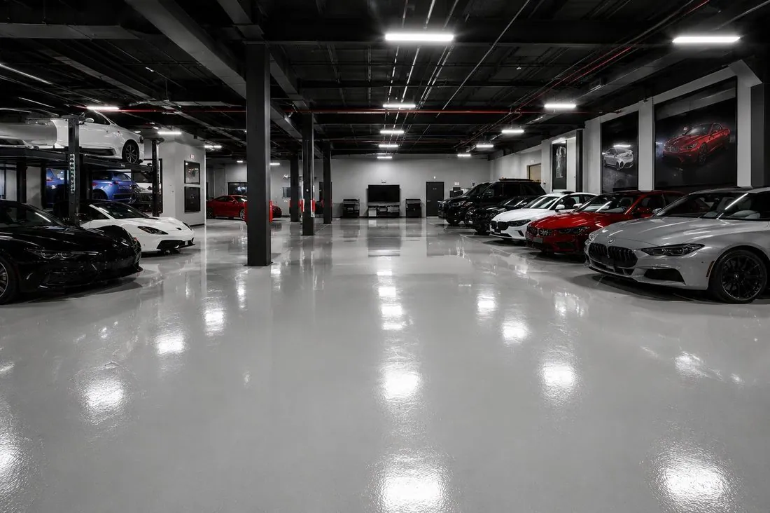 Epoxy floor in a car showroom garage