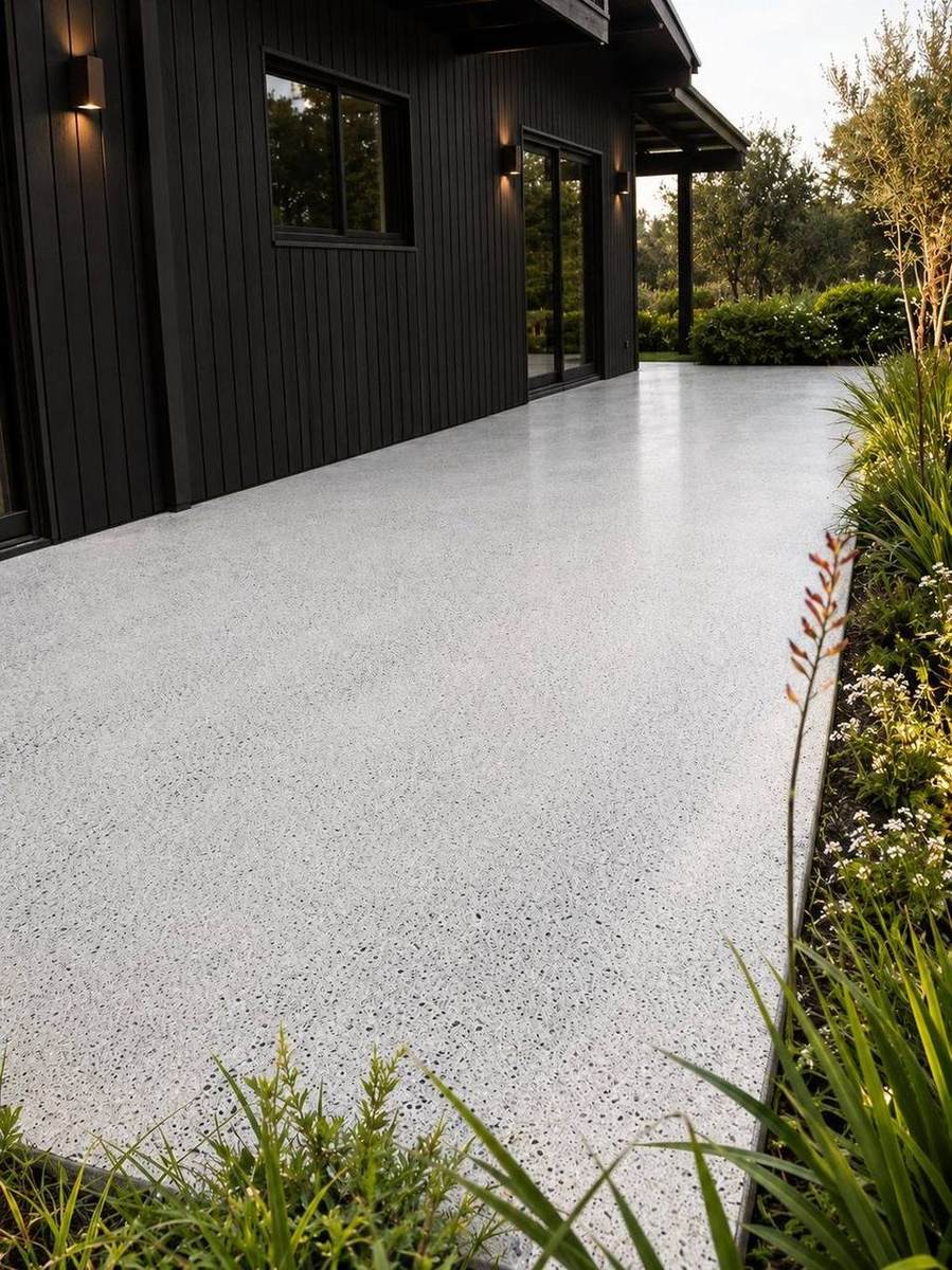 Honed concrete pathway and walkway alongside a modern Brisbane home