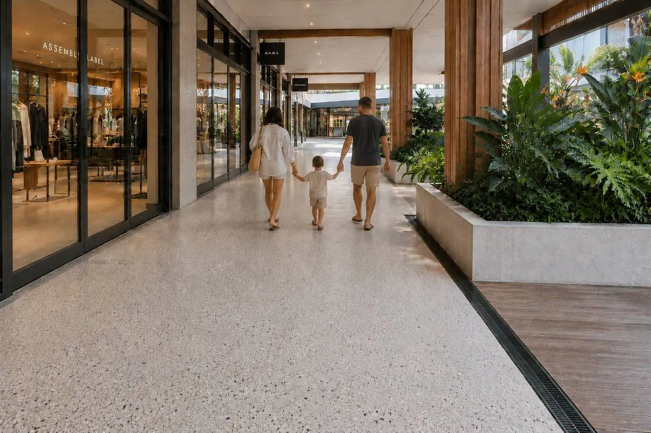 Family on honed concrete in a Brisbane retail and dining precinct, outdoor polished concrete