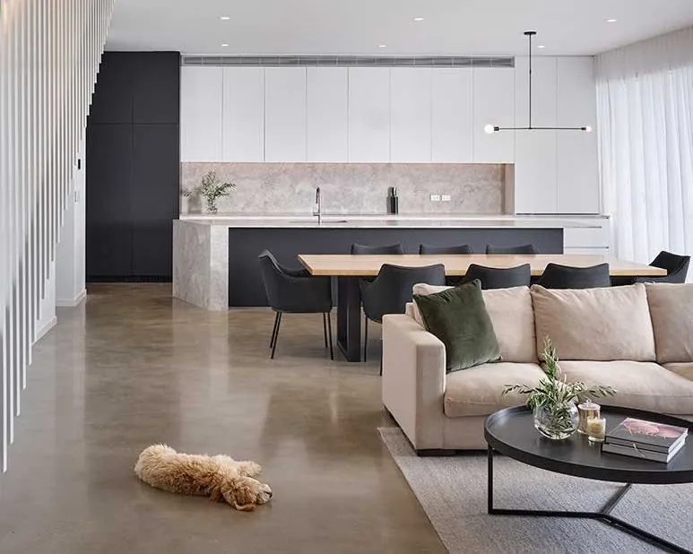 Mechanically polished concrete floor in an open plan Brisbane living and kitchen area