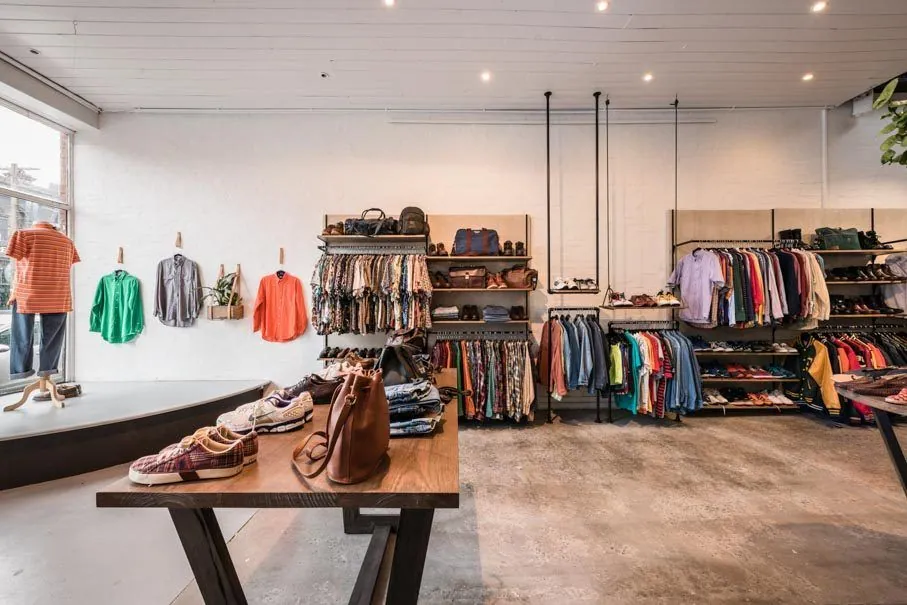Grind and seal matte-satin concrete floor in a vintage clothing store
