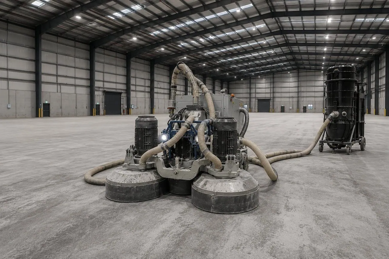 Large planetary concrete grinder removing coatings during a warehouse make good