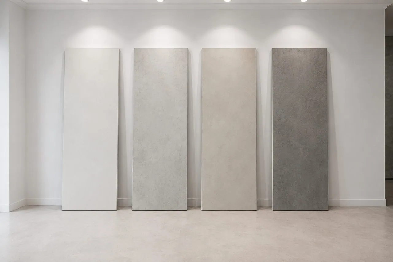 Microcement colour and texture panels in white, light grey, cream and charcoal leaning against a micro cement wall and floor in the OzGrind Brisbane showroom