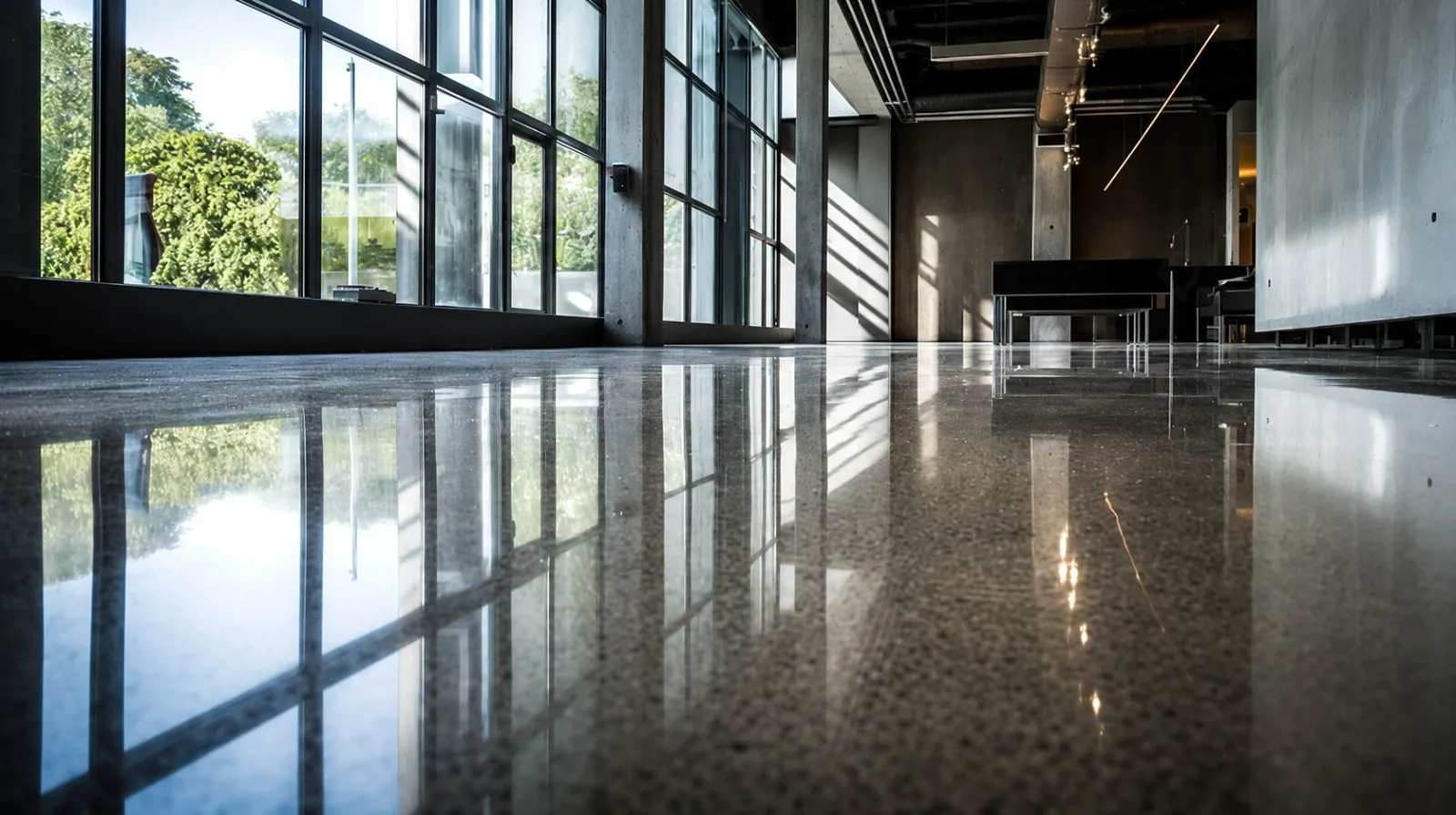 Mechanically polished concrete floor in a Brisbane commercial space, reflecting daylight