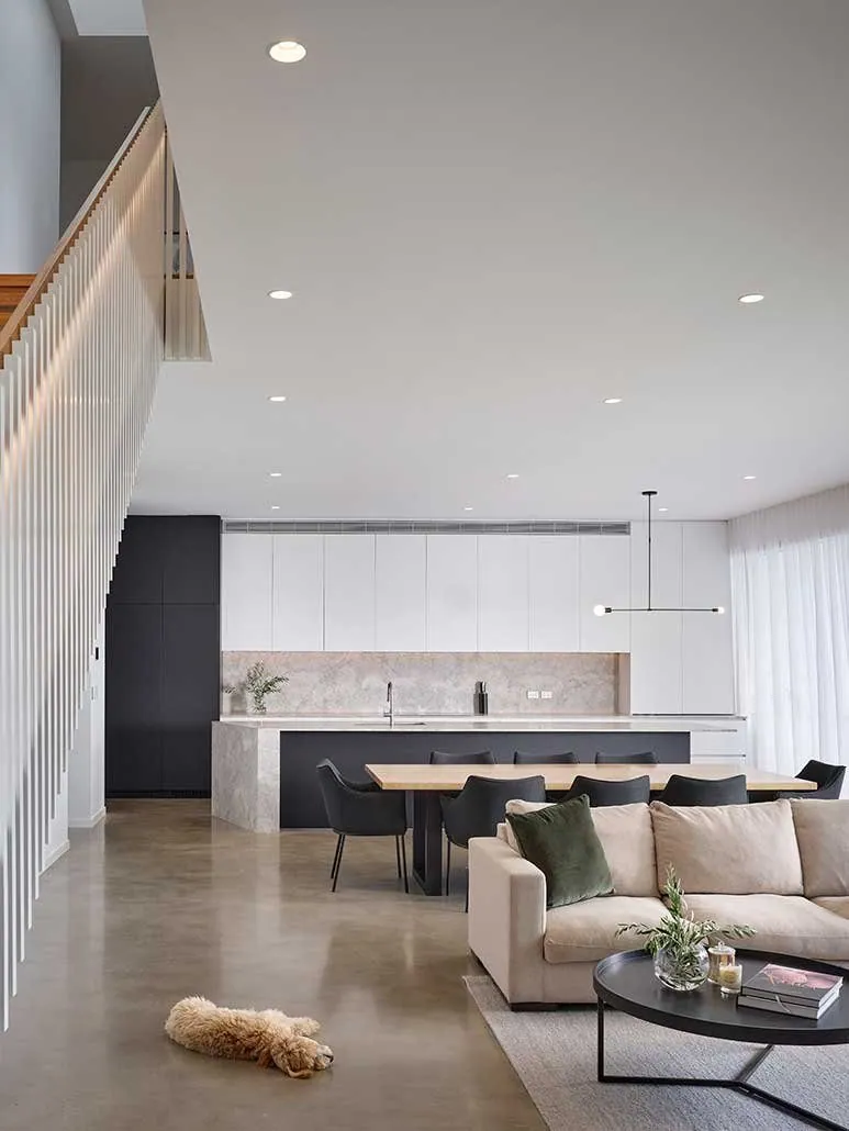 Mechanically polished concrete open plan living and kitchen floor Brisbane