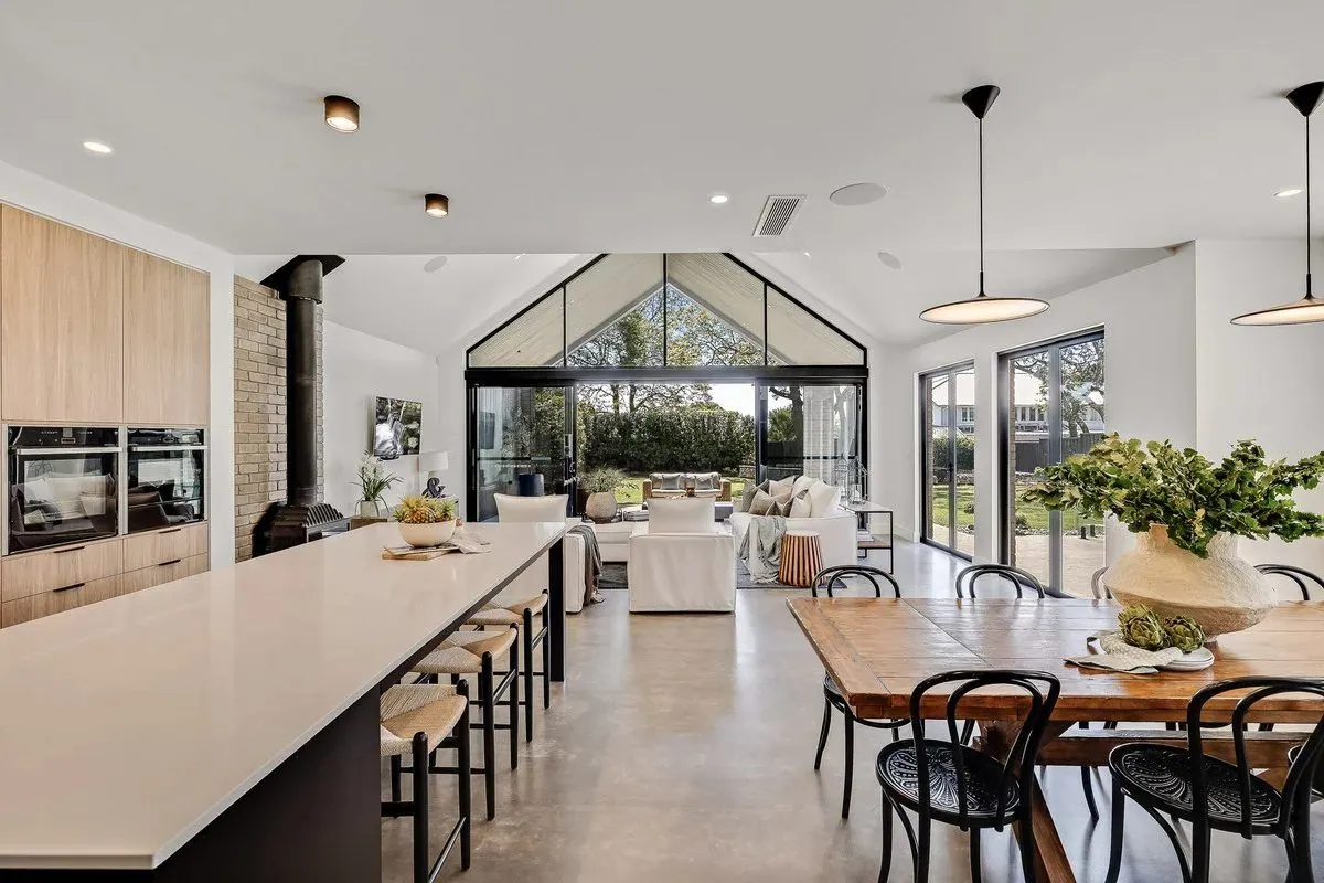 MPC matte polished concrete in a gabled living and dining room