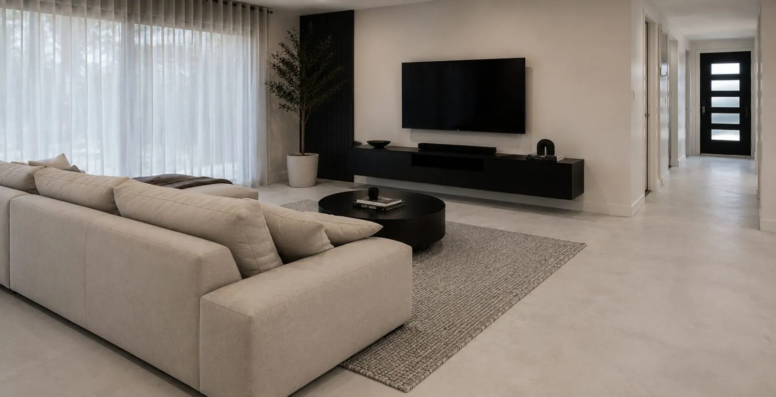Microcement overlay floor in a Brisbane living room with a seamless natural cement look laid over an existing slab