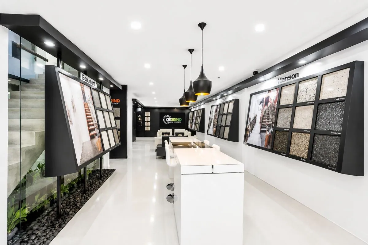 OzGrind polished concrete showroom in Eagle Farm with finish samples