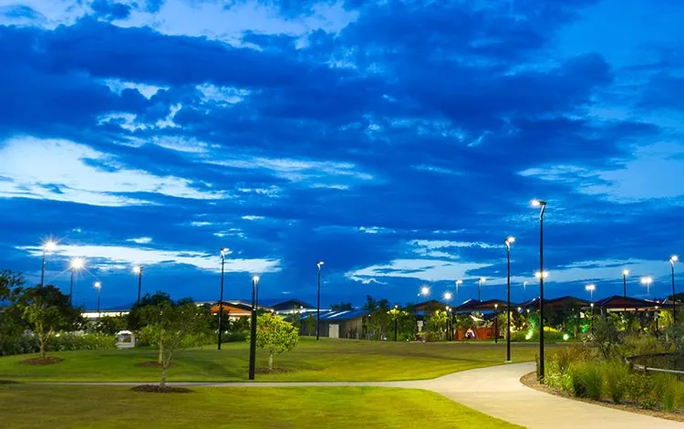 Aerial view of the Aura Town Centre parklands, playground and honed concrete paths at Bells Creek, Sunshine Coast