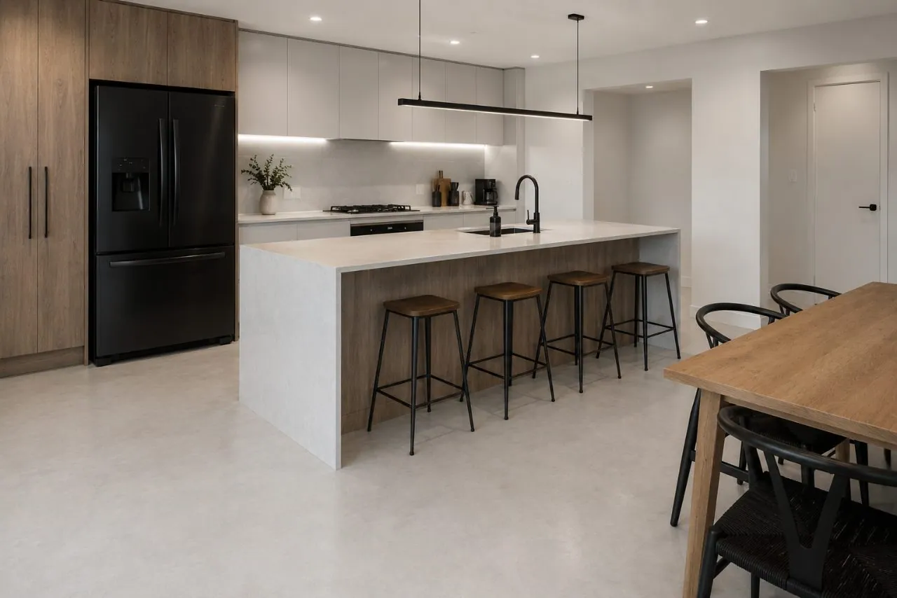 White concrete overlay floor in a modern Brisbane kitchen with timber cabinetry and black appliances by OzGrind