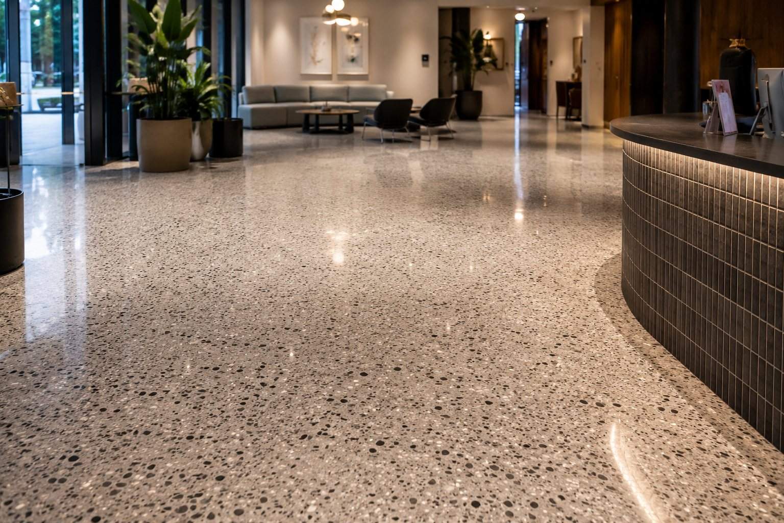 Polished terrazzo floor in a commercial foyer Brisbane