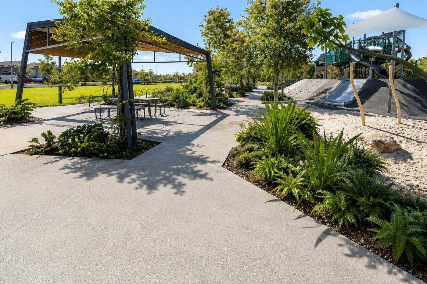Honed concrete pathways and plaza at a Brisbane park