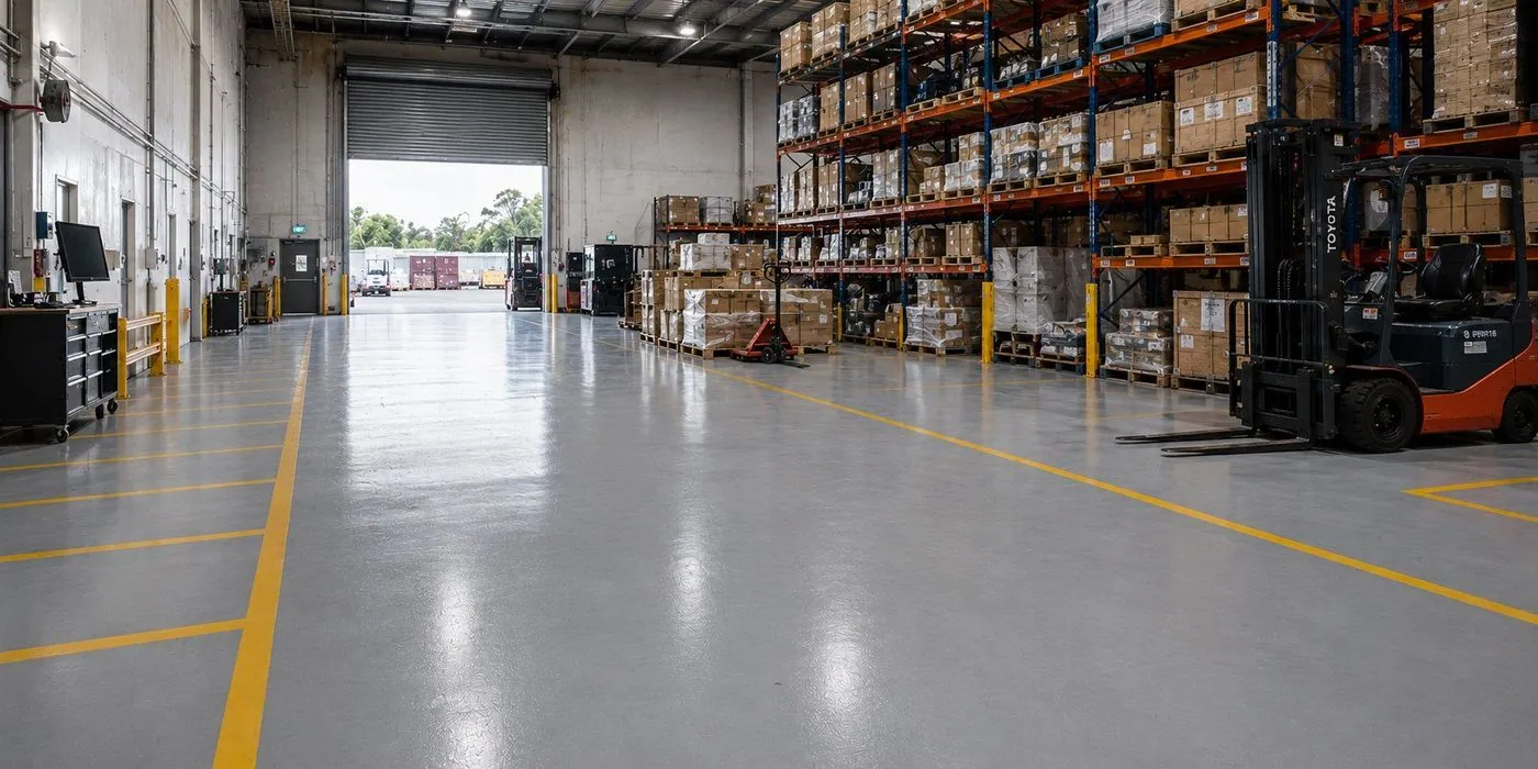 Epoxy flooring in a Gold Coast warehouse with safety line marking