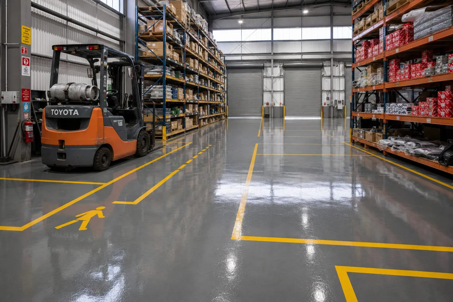 Epoxy warehouse floor with safety line marking and a forklift in Brisbane
