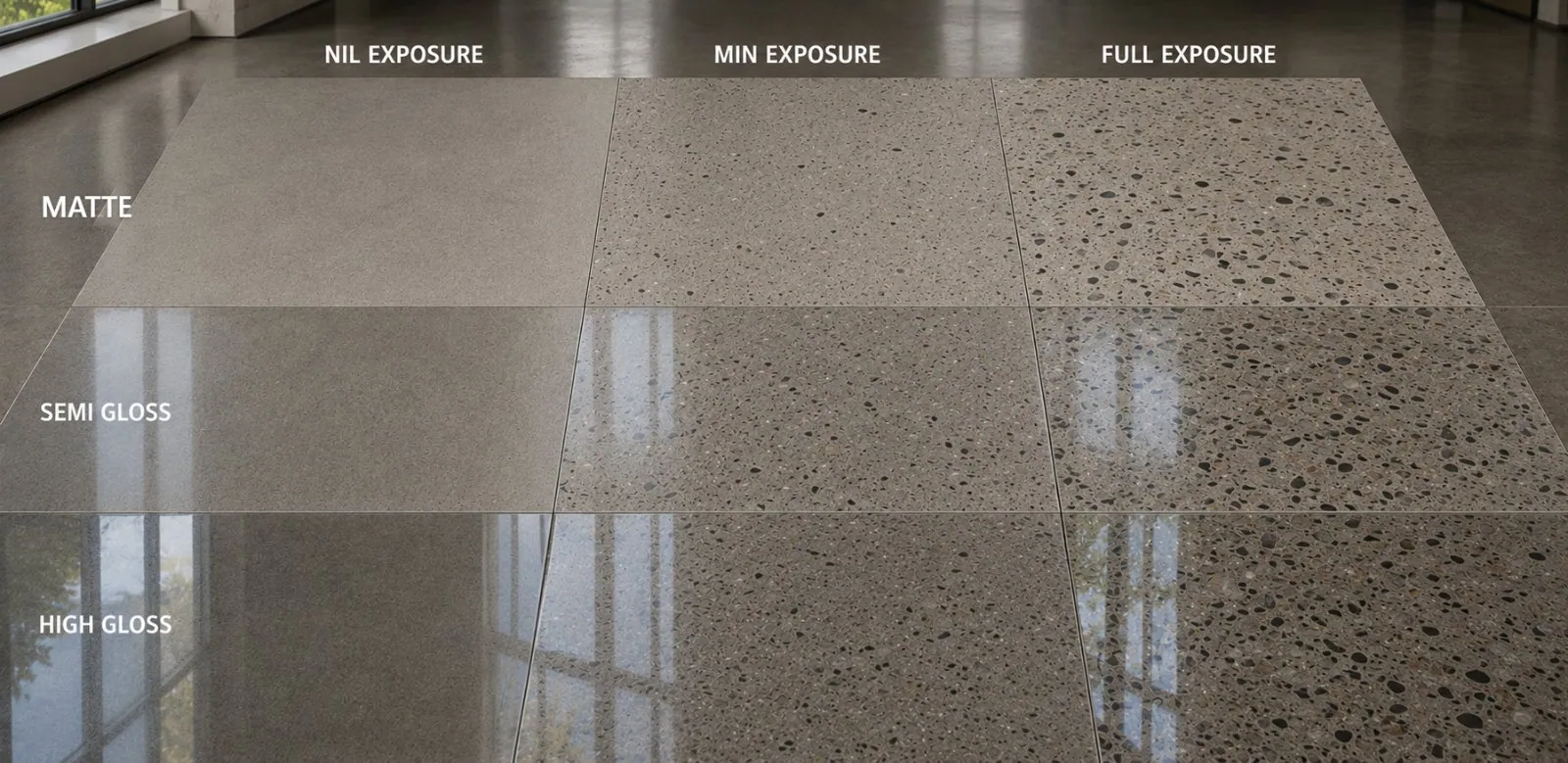 The same polished concrete slab compared across nil, minimal and full stone exposure and matte/satin, semi gloss and high gloss finishes