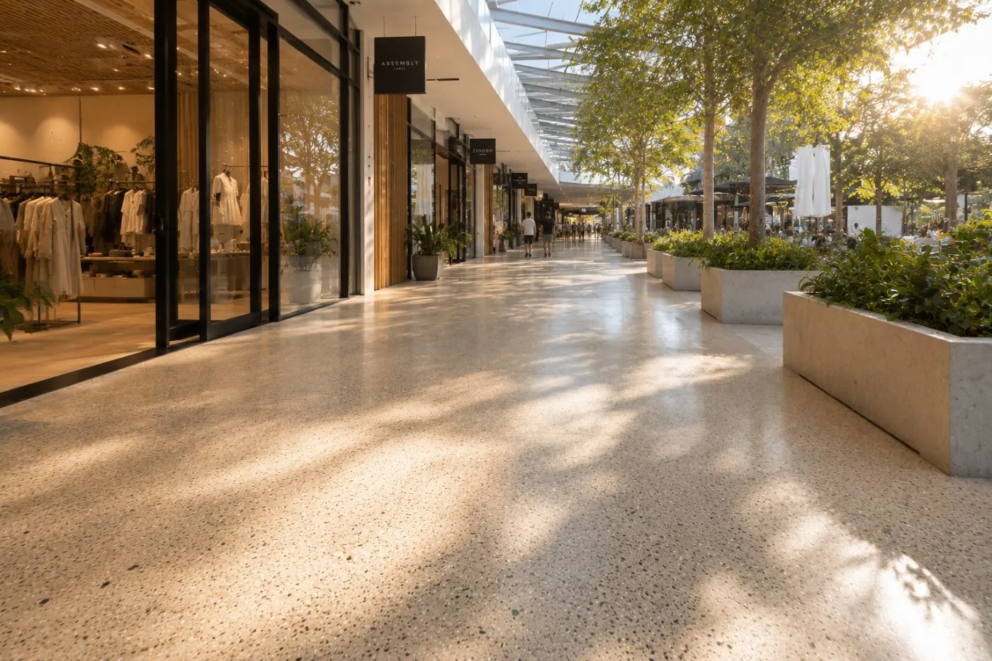 Honed outdoor polished concrete walkway at a Brisbane shopping centre