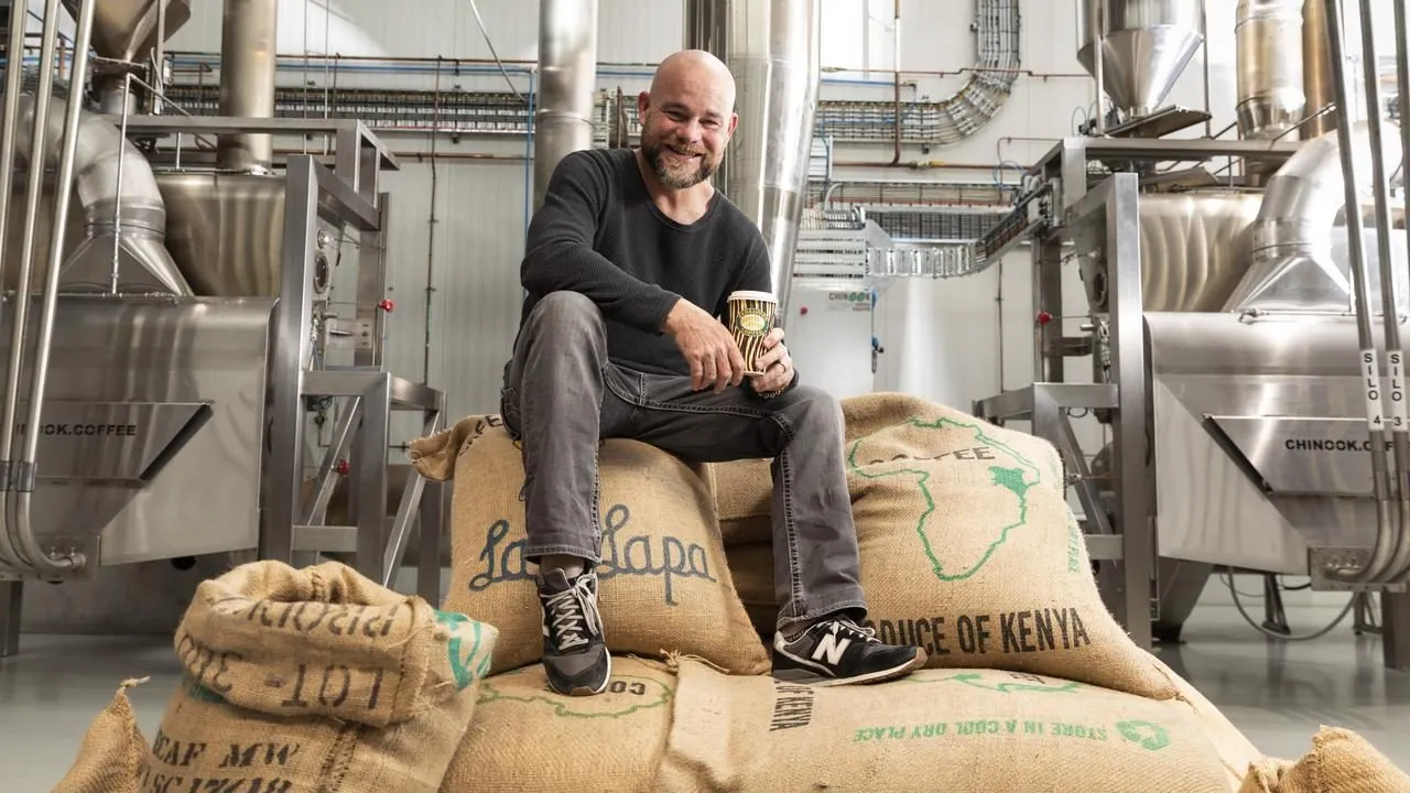 Zarraffas Coffee founder in the roastery with polished concrete industrial floors, Brisbane
