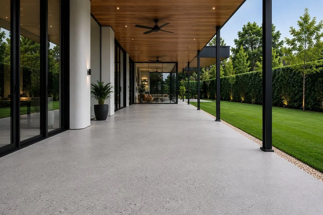 Honed outdoor concrete on a modern alfresco patio