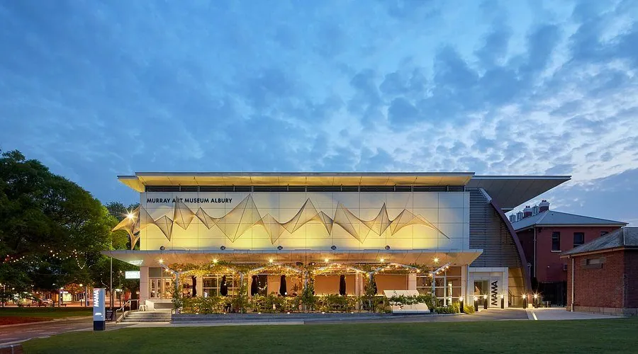 Murray Art Museum Albury exterior at dusk