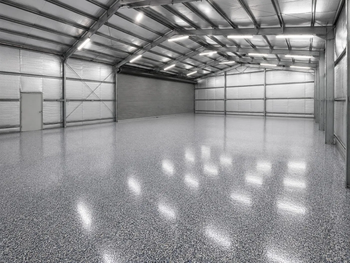 Grey epoxy flake floor in a Brisbane factory shed
