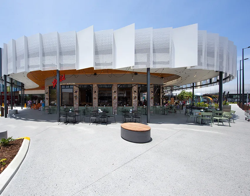 Exposed aggregate honed concrete floor at a Brisbane commercial food court