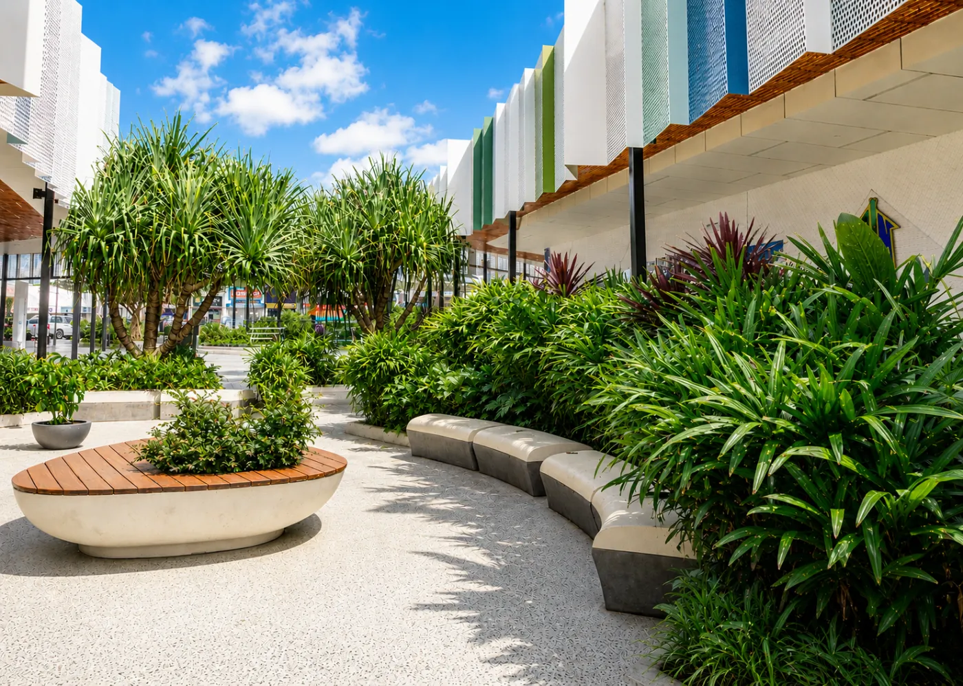 Exposed aggregate honed concrete plaza floor at a Brisbane commercial centre