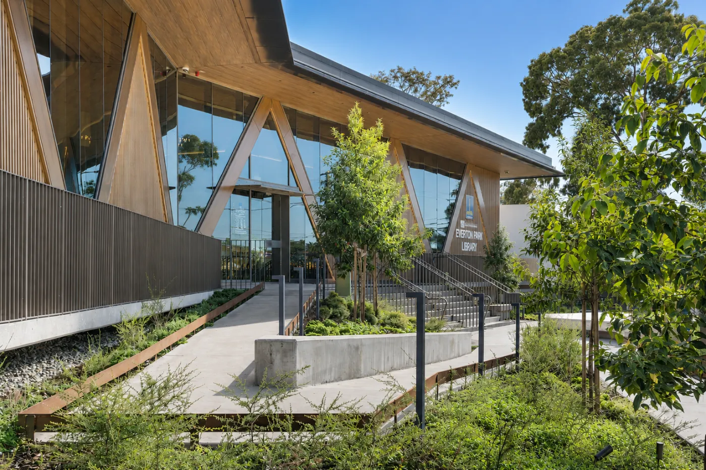Honed concrete entry path at Everton Park Library, Brisbane
