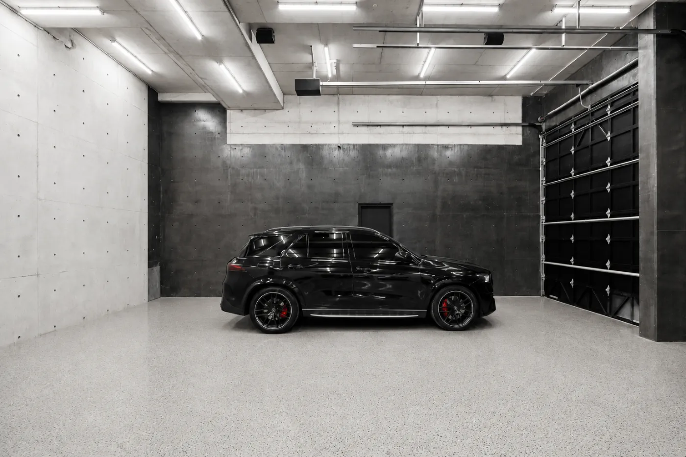 Epoxy flake garage floor coating in a Brisbane display garage