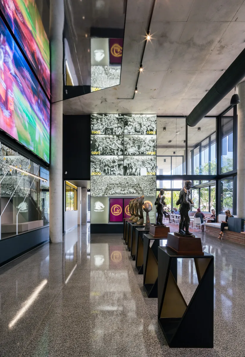 Grind and seal concrete floor with full stone exposure and a high gloss finish in the Brisbane Broncos facility