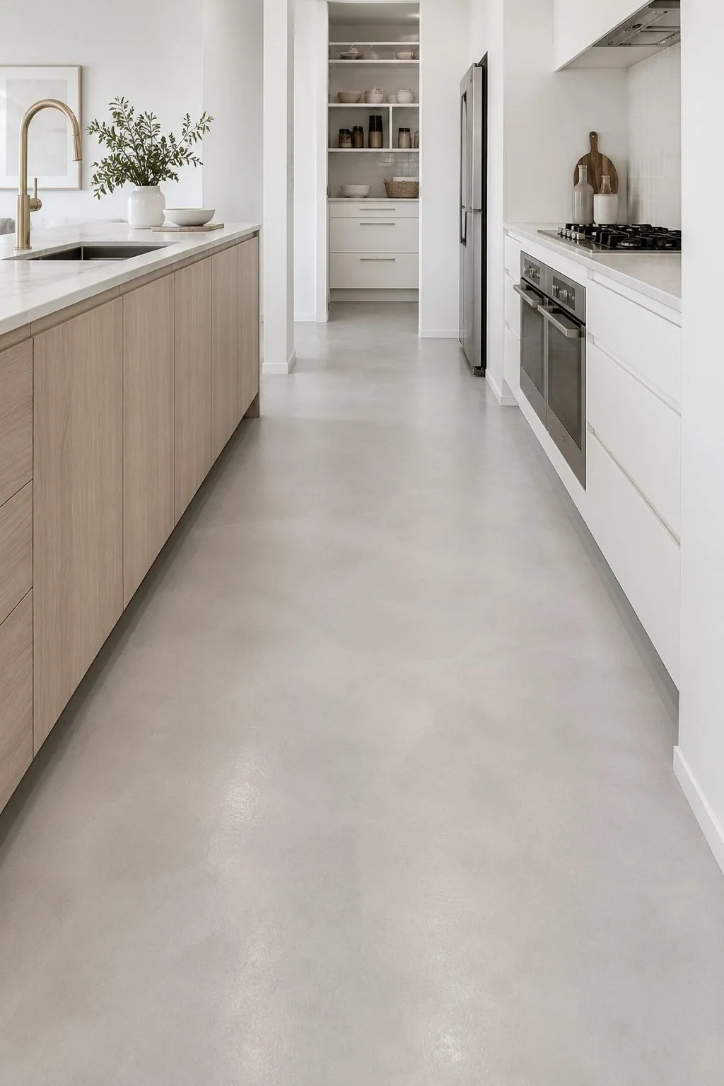 Soft grey microcement concrete overlay floor running through a modern Brisbane home