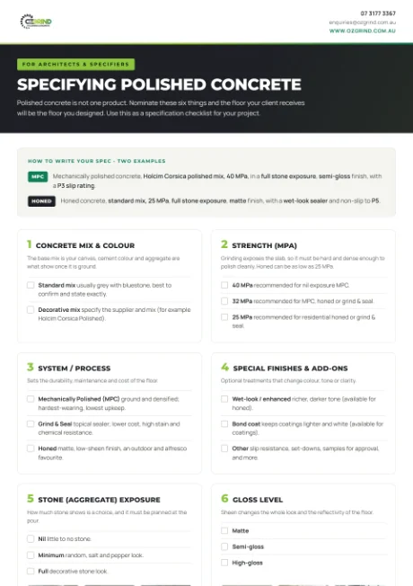 OzGrind Specifying Polished Concrete checklist