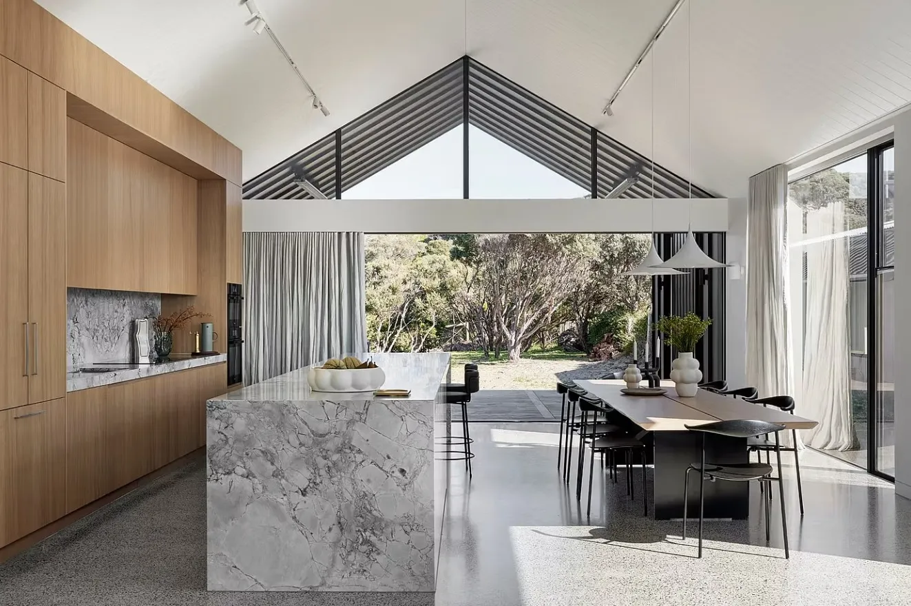 Architect-designed polished concrete floor in a Brisbane kitchen and dining area
